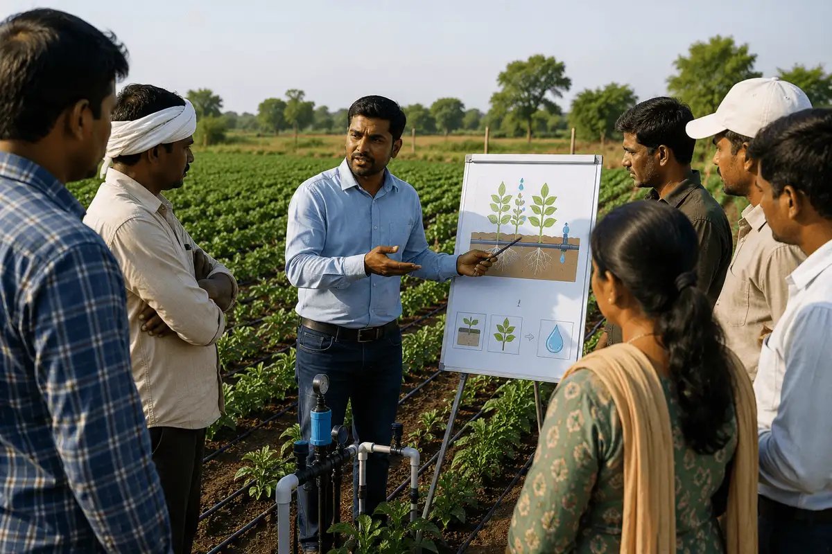 Agricultural trainer demonstrating modern farming techniques to field managers using a crop management chart in an active farm.